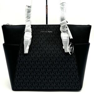Michael Kors Large Charlotte Top Zip Tote Bag Black Signature
